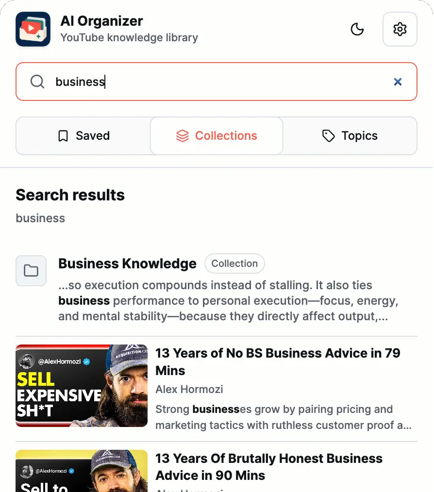 AI Organizer search results